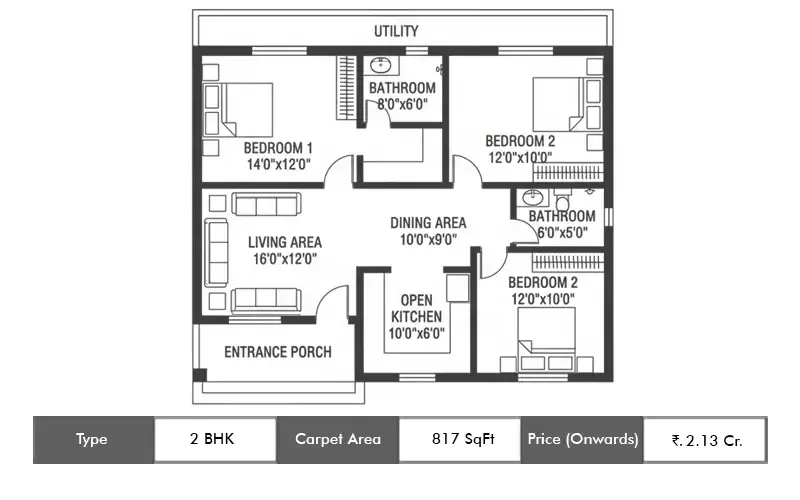 Runwal Meadows 2 BHK floor plan, 817 sq ft carpet area