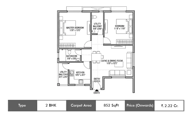 Runwal Meadows 2 BHK floor plan, 852 sq ft carpet area