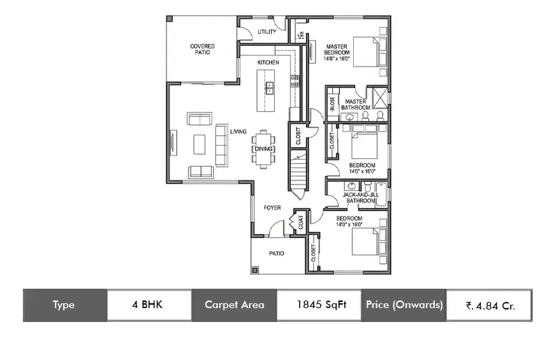 Runwal Meadows 4 BHK floor plan, 1845 sq ft carpet area