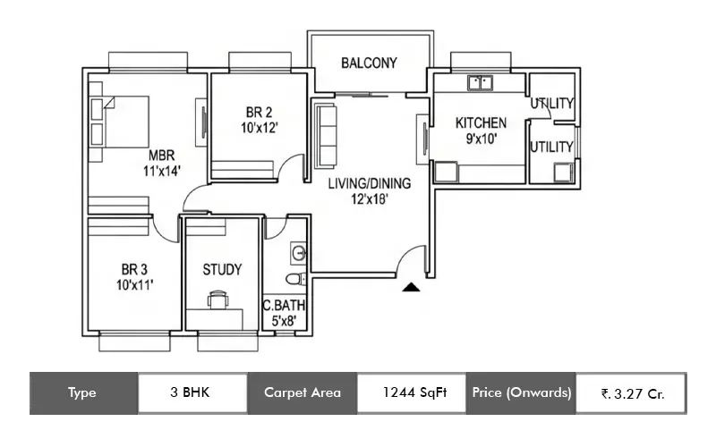 Runwal Meadows 3 BHK floor plan, 1244 sq ft carpet area